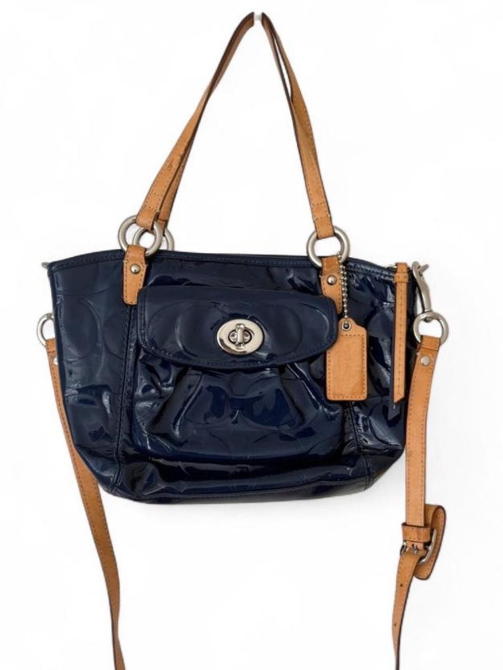 Vintage Coach Leah Embossed Navy Blue Patent Leather Handbag Size Small